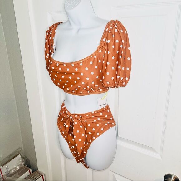 Marina West Brown White Polka Dot Two Piece Swimsuit Set Bikini Sleeve XL NWT - Picture 7 of 12